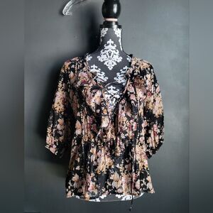Ralph Lauren Denim & Supply Black Floral Ruffled Cotton Blouse Size S Lace Up